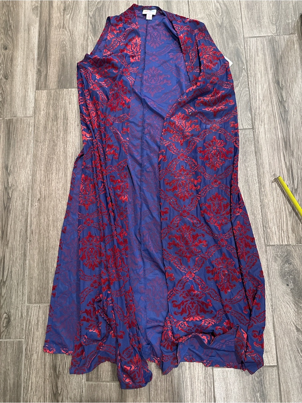 LuLaRoe Women’s Joy Long Duster Kimono Red Blue Damask Open Front Cardigan Small